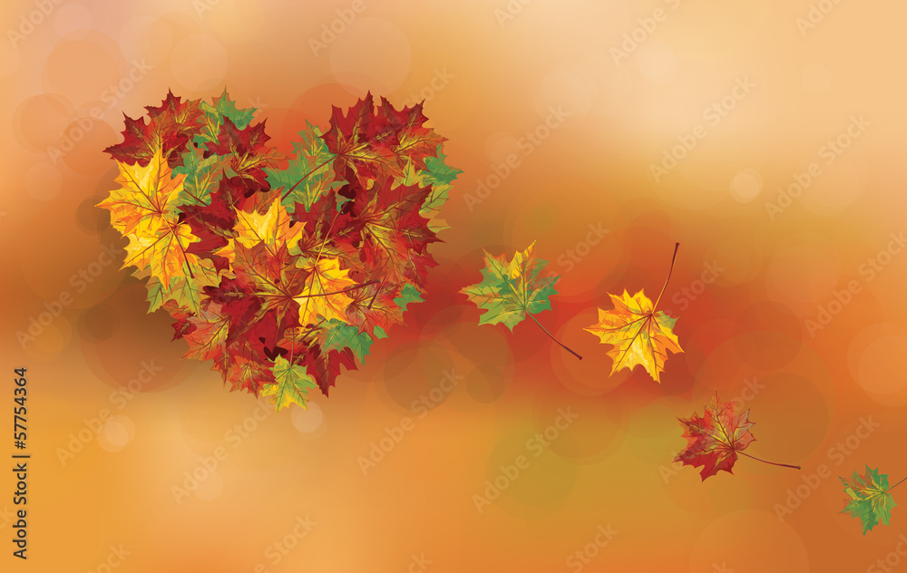Vector heart shape made of leaves on autumn background. Vector heart shape made of leaves on autumn background.