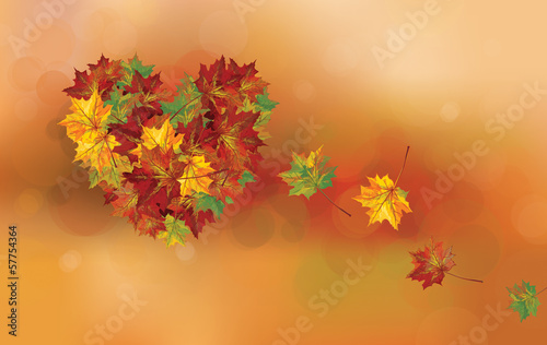 Vector heart shape made of leaves on autumn  background.