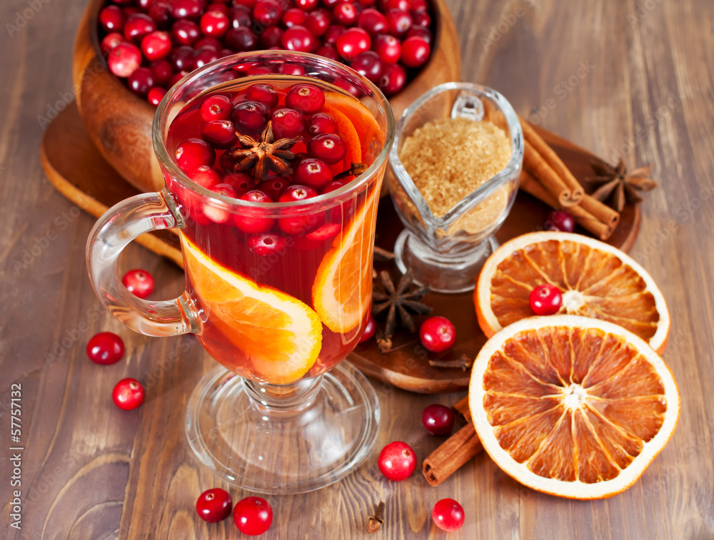 Hot mulled wine with cranberries and orange