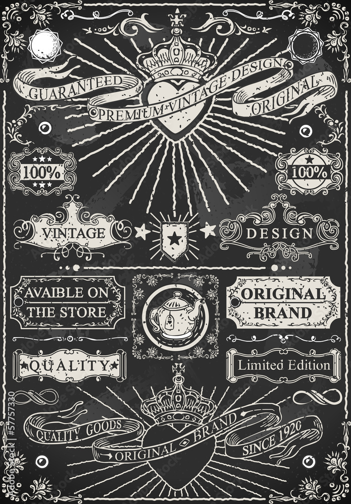 Set of Calligraphic Design Elements on Blackboard Vector