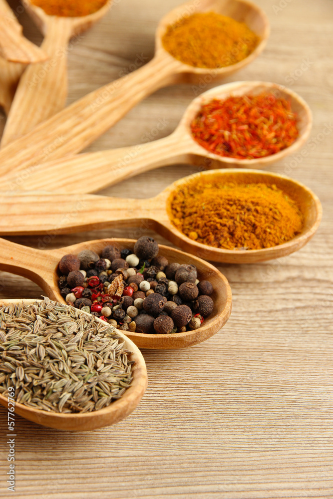 Assortment of spices in wooden spoons on wooden background