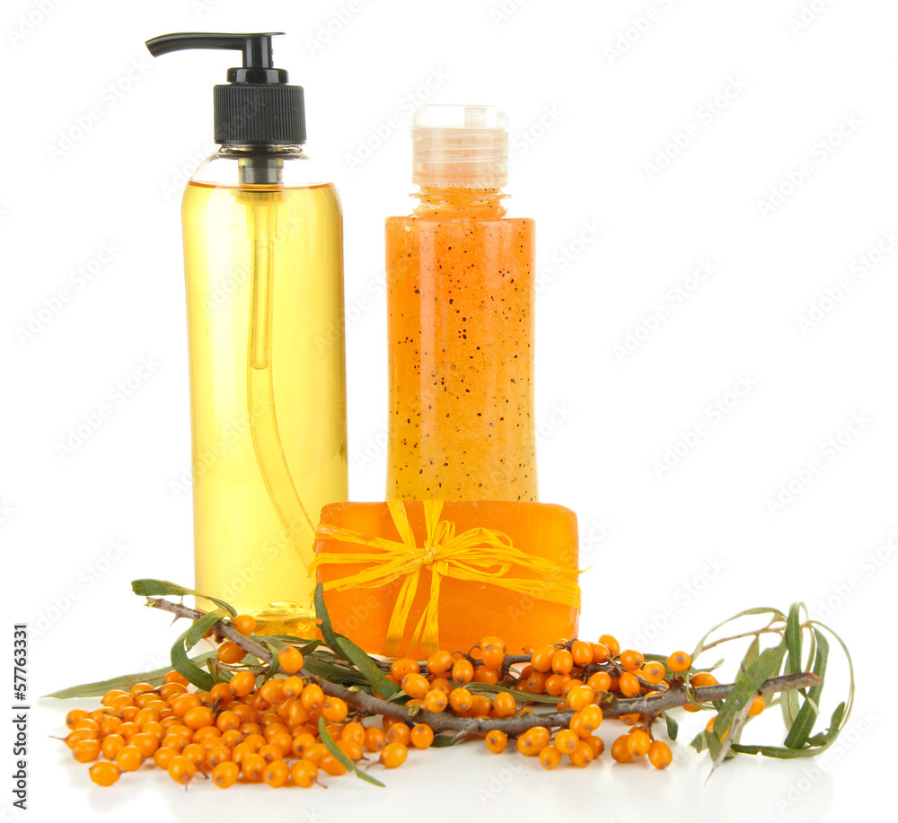 Branch of sea buckthorn with scrub and gel isolated on white Branch of sea buckthorn with scrub and gel isolated on white