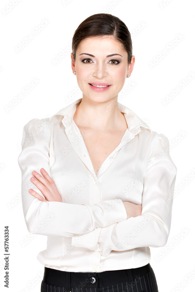 Young beautiful smiling woman in white office shirt Young beautiful smiling woman in white office shirt