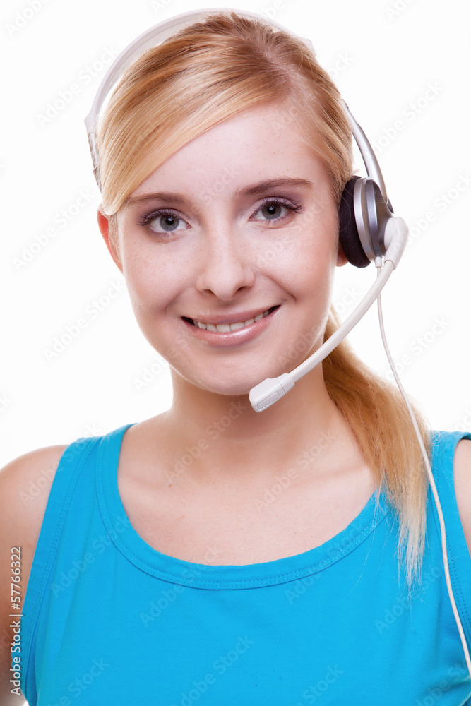 Girl with headphones and microphone headset on white Girl with headphones and microphone headset on white