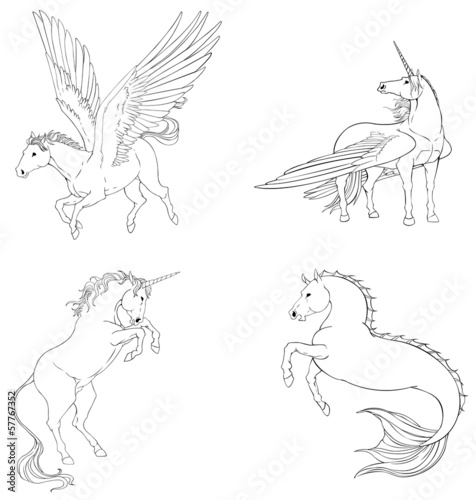 Fantasy horse collection set in black and white vector