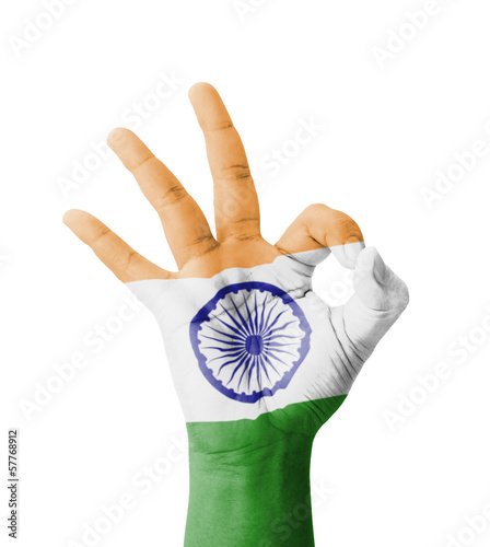 Hand making Ok sign, India flag painted