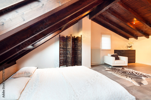 Interior, beautiful loft, luxurious bedroom photo