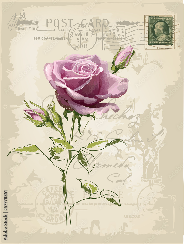 Vintage card with rose - obrazy, fototapety, plakaty 