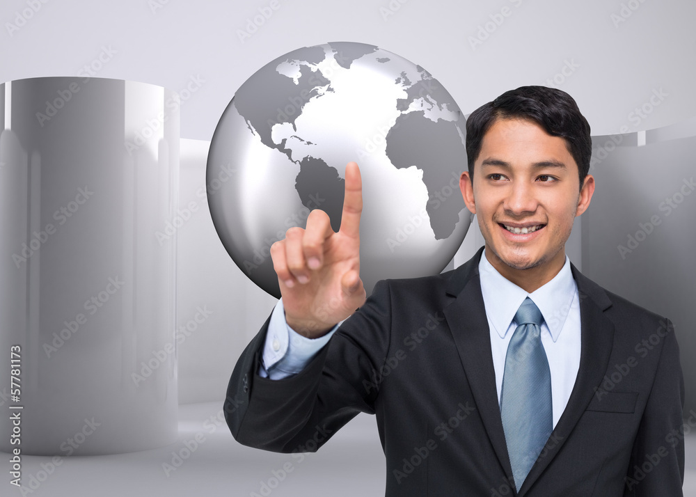 Composite image of smiling asian businessman pointing Composite image of smiling asian businessman pointing
