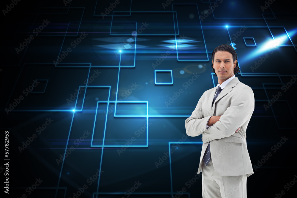 Composite image of serious office worker posing with the arms cr Composite image of serious office worker posing with the arms cr