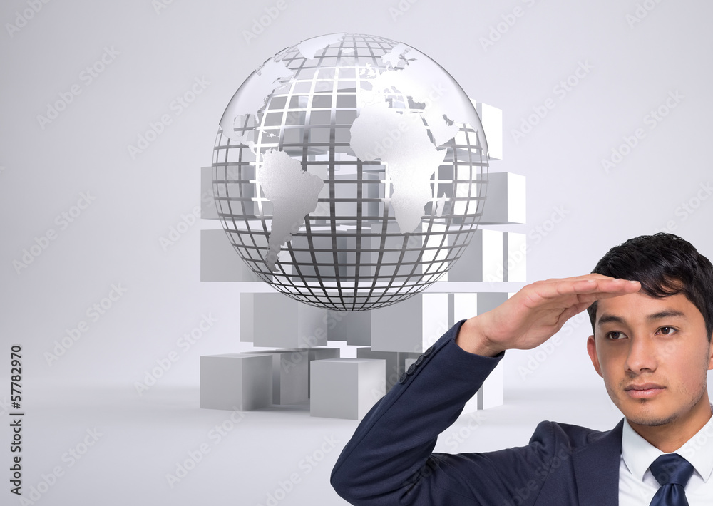 Composite image of unsmiling casual businessman looking