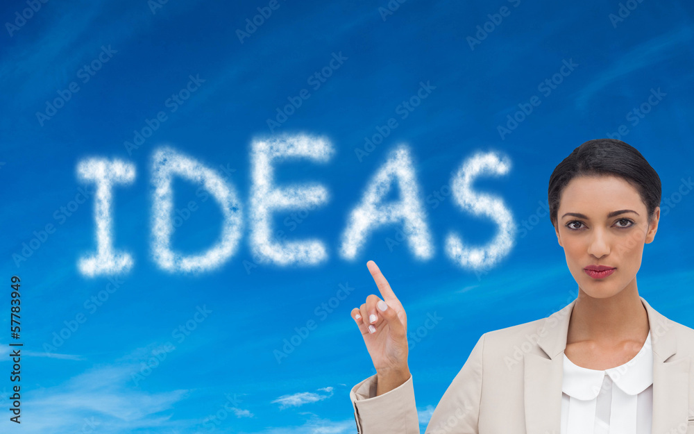 Composite image of serious businesswoman with hands up Composite image of serious businesswoman with hands up
