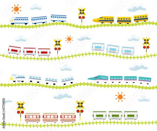 子供向け 可愛い 踏切のある線路を走る 電車