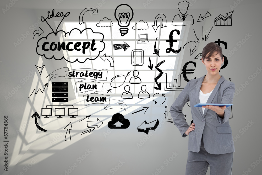 Composite image of attractive businesswoman holding tablet pc Composite image of attractive businesswoman holding tablet pc
