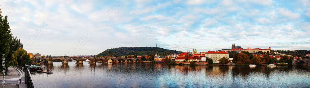 Panoramic overview of old Prague with Charles bridge
