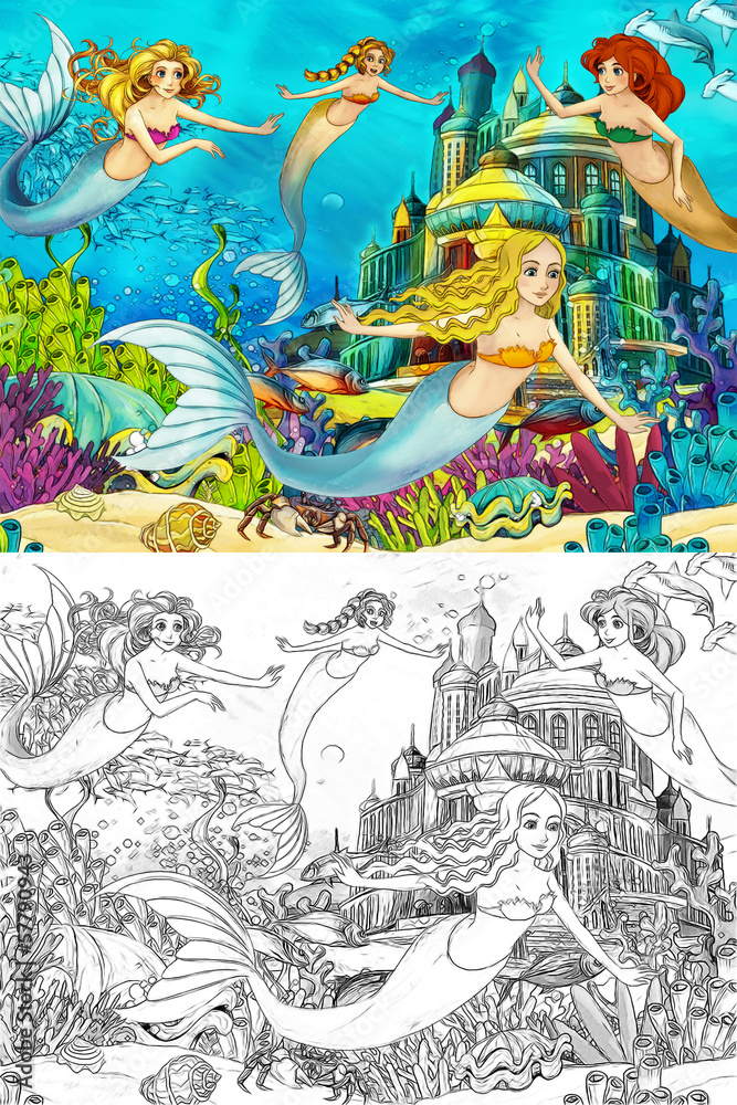 Obraz premium The ocean and the mermaids - coloring page