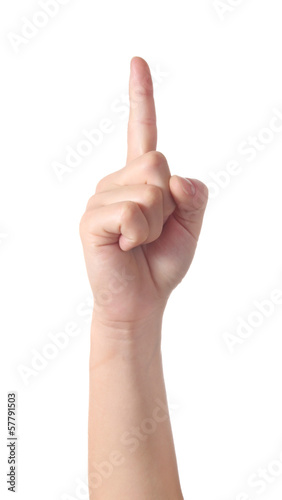 Symbol ideas. Hand showing his forefinger, isolated on white bac