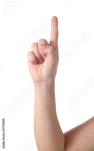 Symbol ideas. Hand showing his forefinger, isolated on white bac