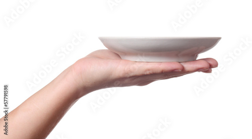 Hand holds saucer, isolated on white background