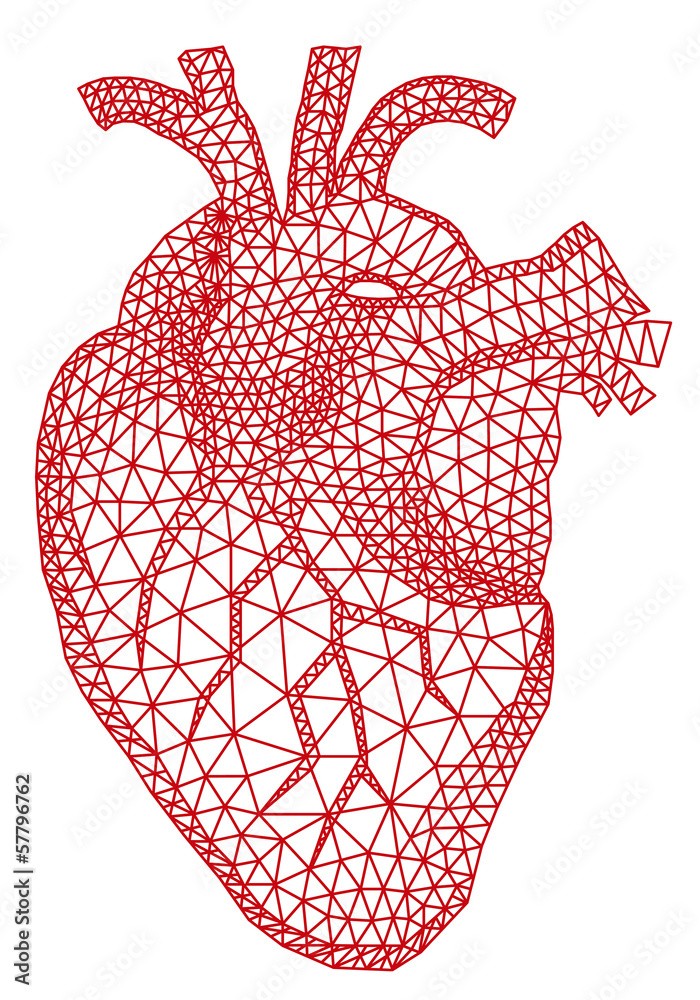red human heart with geometric mesh pattern, vector - obrazy, fototapety, plakaty 