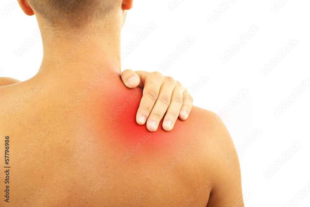 Young man with neck pain, isolated on white Young man with neck pain, isolated on white