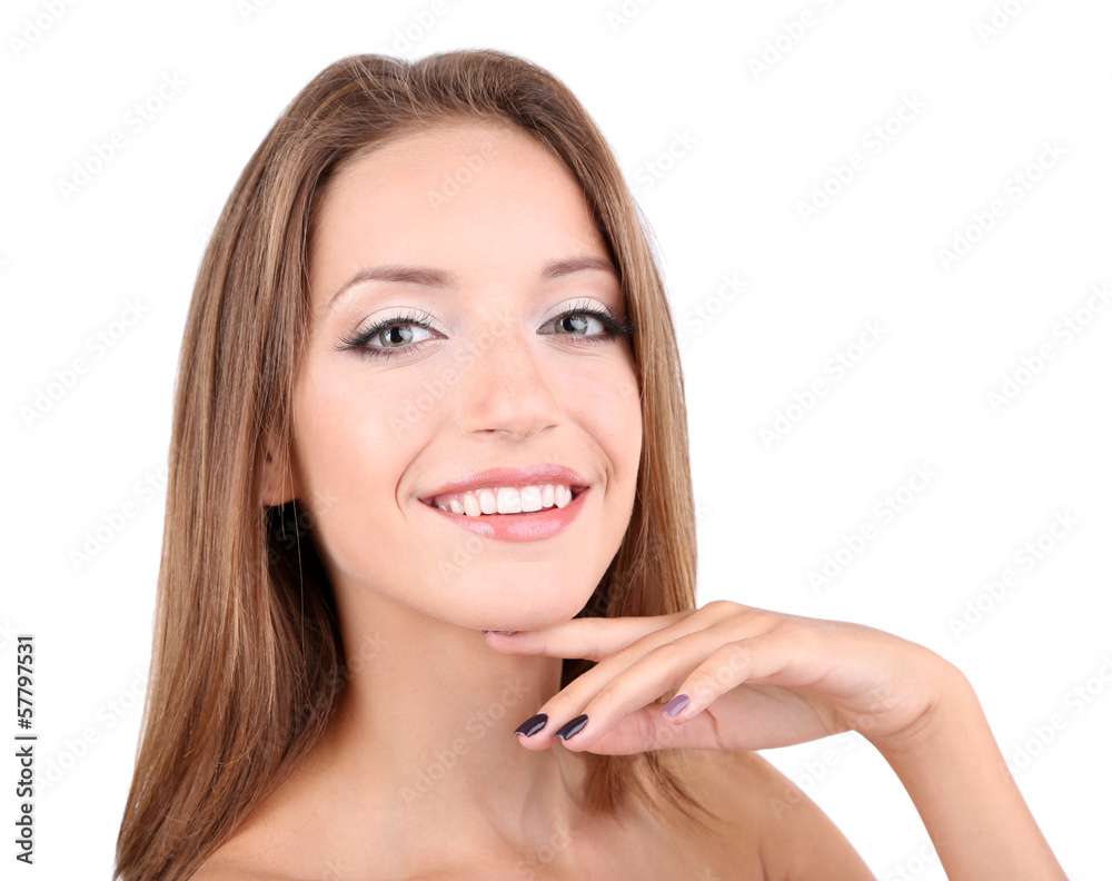 Beautiful girl with gentle makeup and glowing skin close-up Beautiful girl with gentle makeup and glowing skin close-up