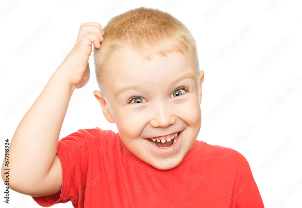 Thoughtful little boy on a white background Thoughtful little boy on a white background