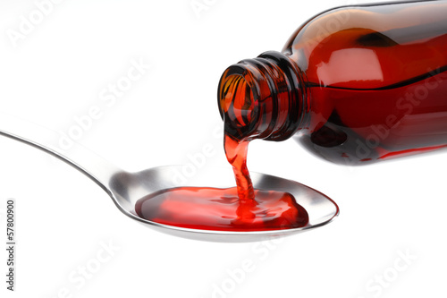 Photography Bottle pouring Medicine Syrup in Spoon