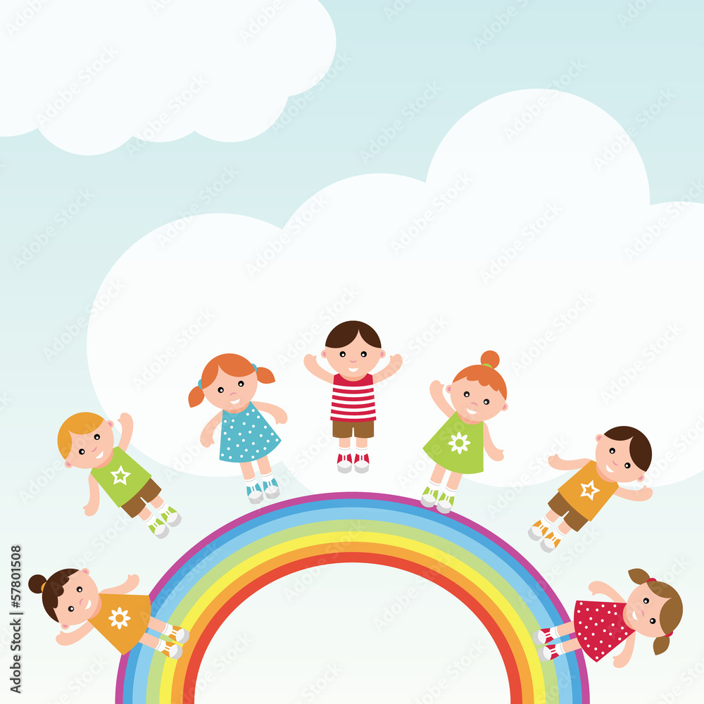 Kids jumping on the rainbow. Vector illustration. Kids jumping on the rainbow. Vector illustration.