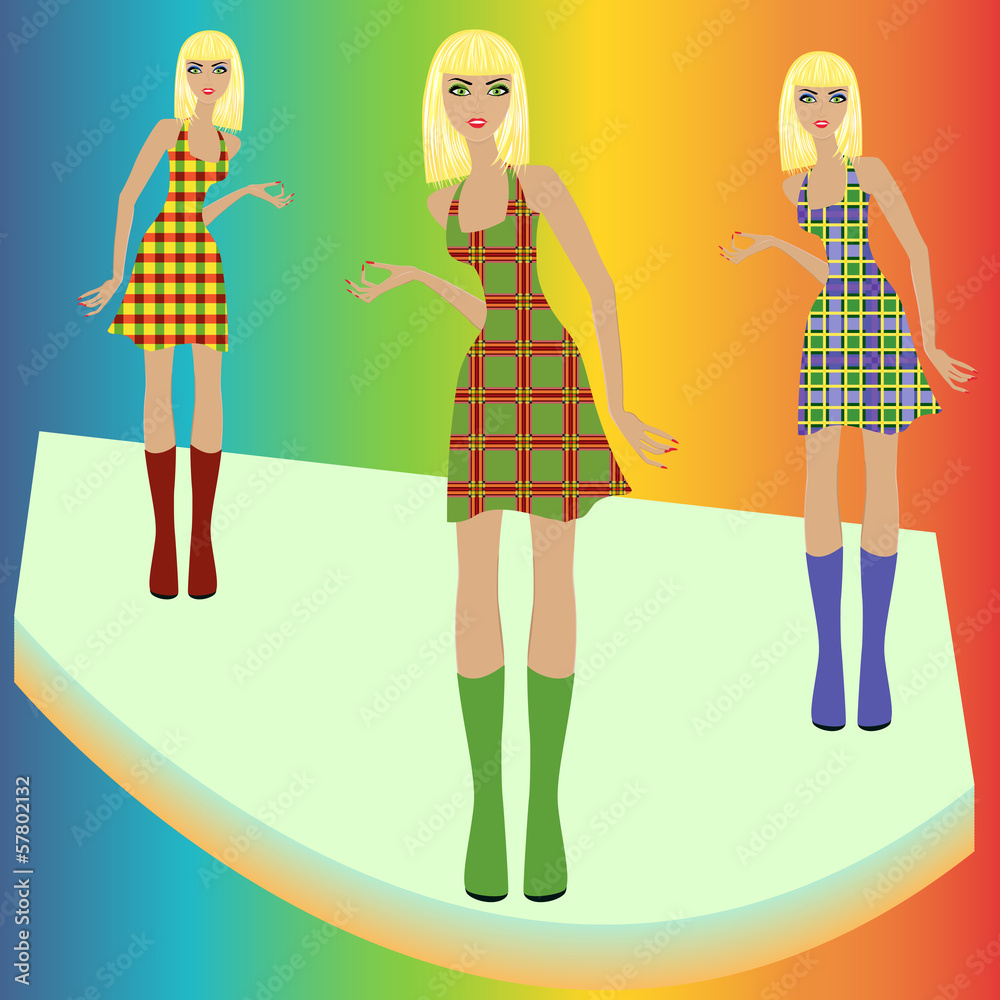 Fashion blond models posing on podium in checkered dresses Fashion blond models posing on podium in checkered dresses