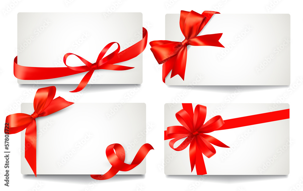 Set of beautiful gift cards with red gift bows with ribbons Vect