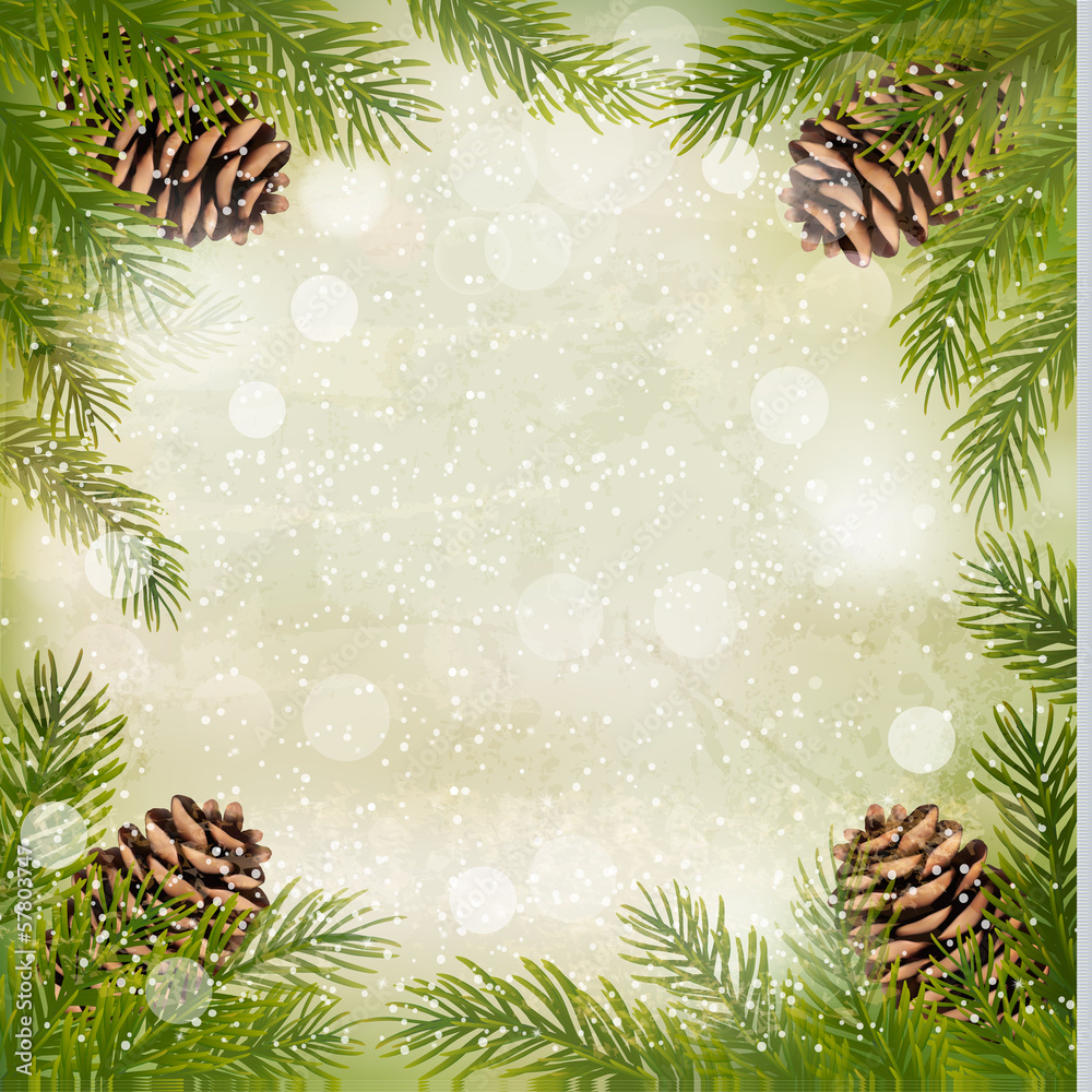 Fototapeta premium Frame made of christmas tree branches with pine cones. Vector.