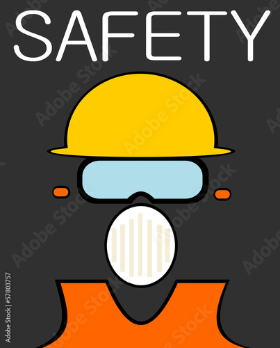 safety design with man wearing goggles earplugs and hard hat