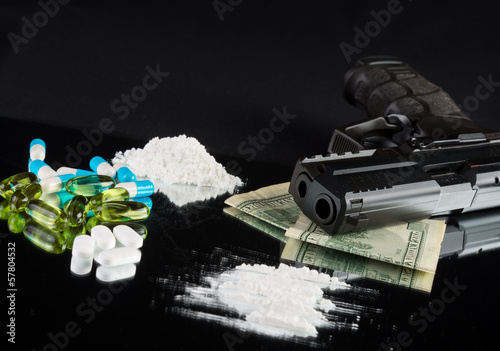 Life goes downhill with drugs on black background