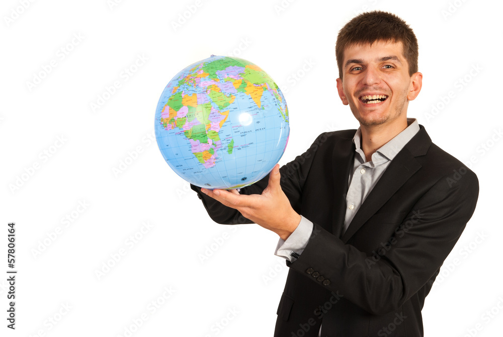 Laughing businessman hold world globe Laughing businessman hold world globe