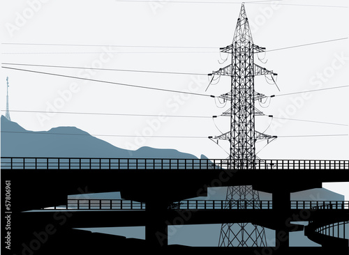 electrical pylon and bridge on light background
