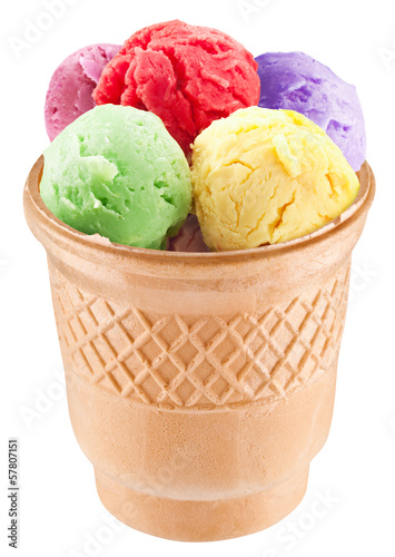 Colorful ice-creams in waffle cup.
