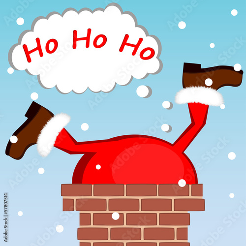 Santa Claus stuck in the chimney on the roof