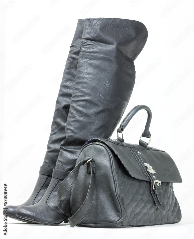 gray boots with a handbag gray boots with a handbag
