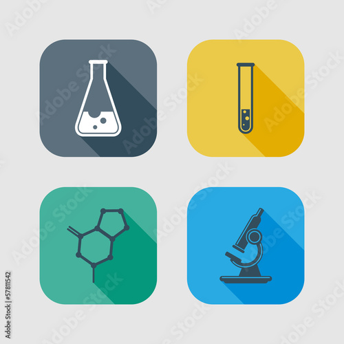 icon set of science signs. flat design with long shadows
