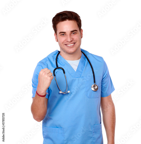 Adult male nurse celebrating his victory