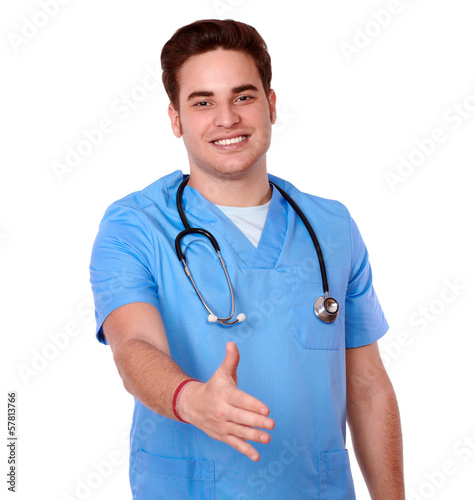 Handsome male nurse with greeting gesture