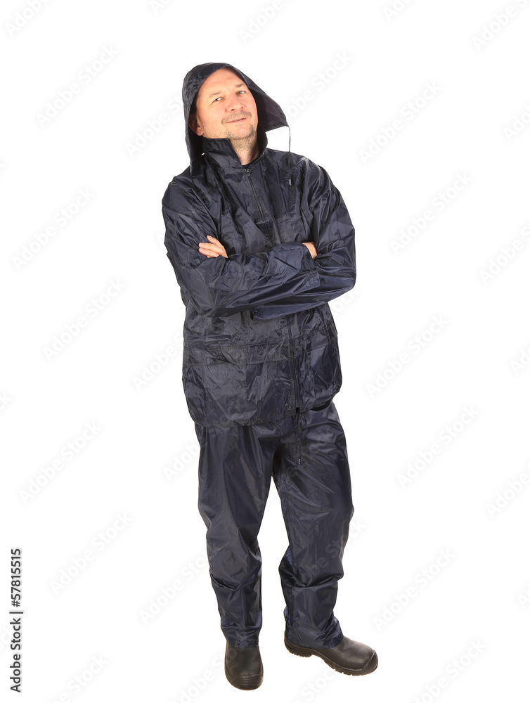 Man in waterproof coat with hood.
