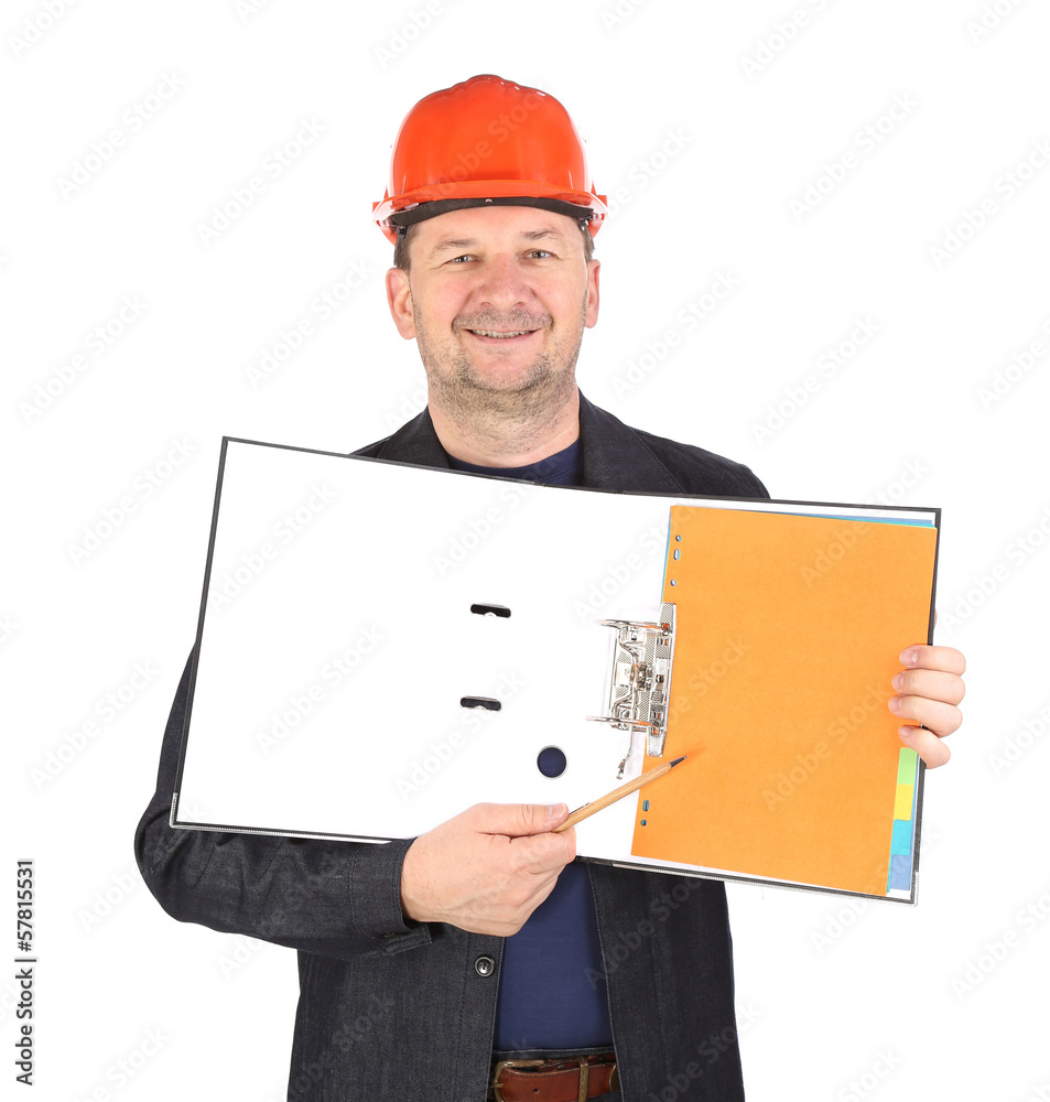Worker in hard hat with opened folder. Worker in hard hat with opened folder.