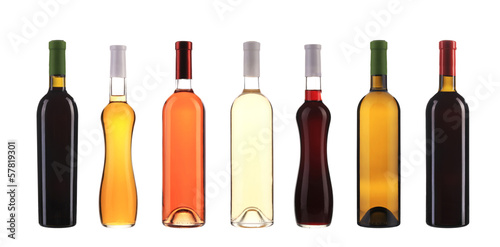 Collection of wine bottles in row.