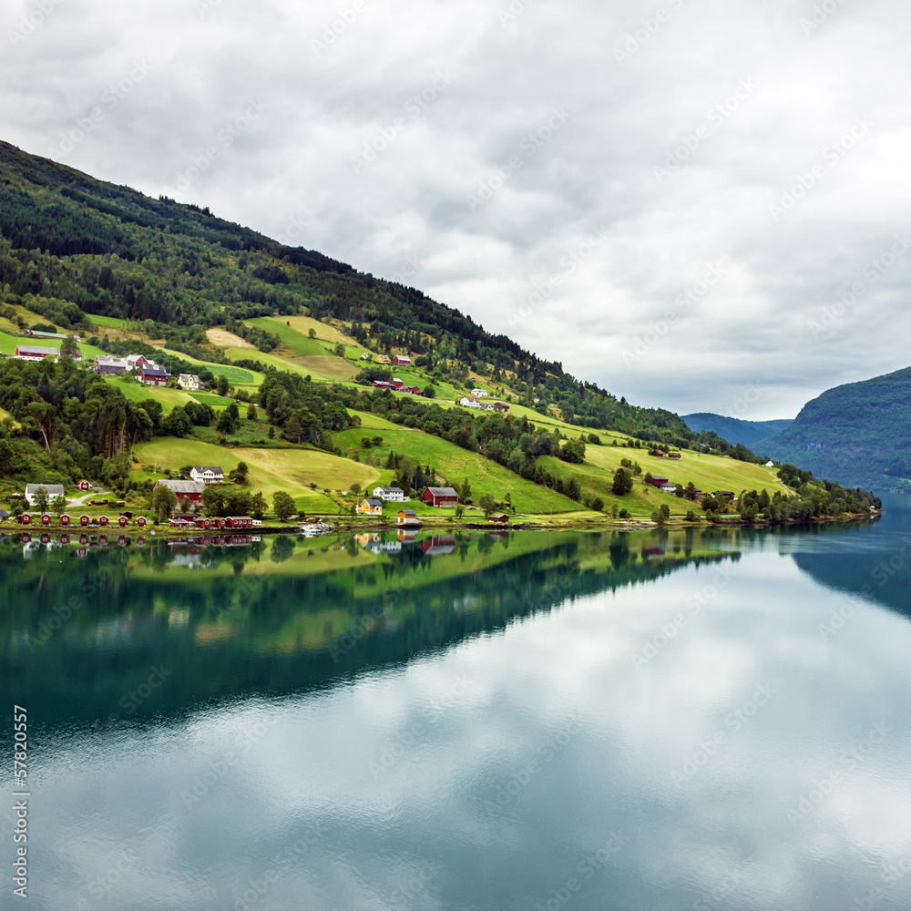 Village houses in Geiranger fjord, Norway