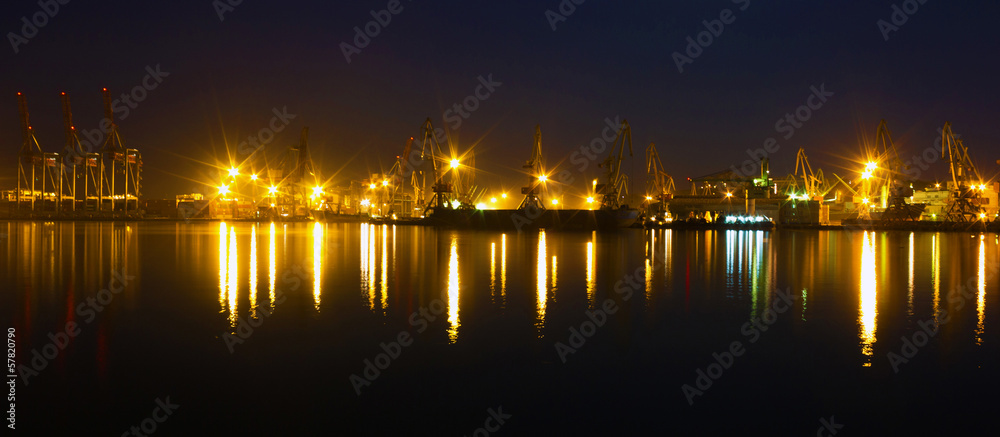 Night view on sea port of Odessa, Ukraine.