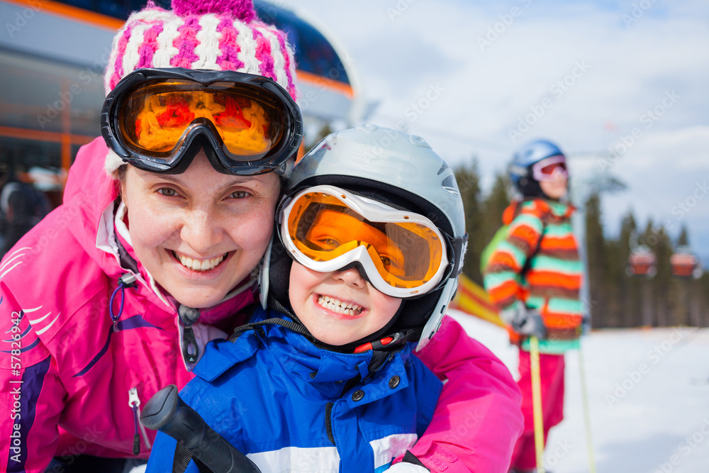 Skiing, winter, family Skiing, winter, family