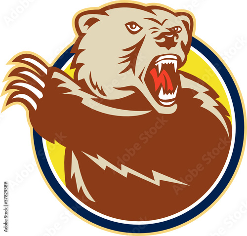 Grizzly Bear Swiping Paw Retro