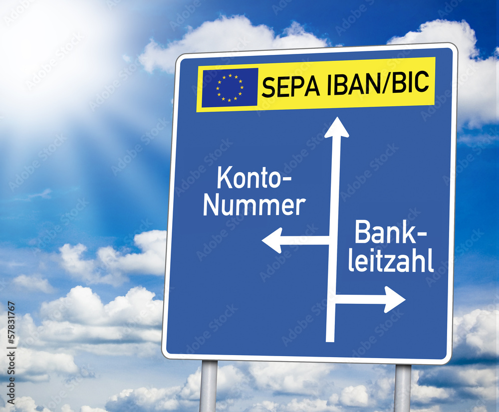 Wegweiser in Blau mit S€PA und Kontonummer BLZ Wegweiser in Blau mit S€PA und Kontonummer BLZ